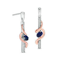 Oval Lab-Created Blue Sapphire and Diamond Accent Linear Swirl Drop Earrings in Sterling Silver and 10K Rose Gold