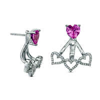 5.0mm Lab-Created Pink Sapphire and 0.2 CT. T.W. Diamond Stud Earrings and Fan Drop Jackets in Sterling Silver