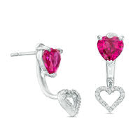 6.0mm Heart-Shaped Lab-Created Ruby and 0.1 CT. T.W. Diamond Stud Earrings with Drop Jackets in Sterling Silver