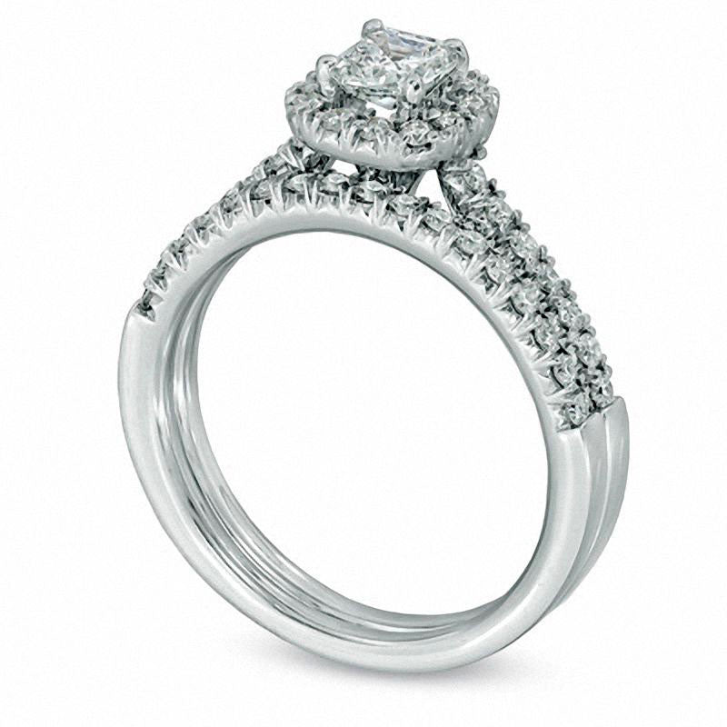 1.0 CT. T.W. Cushion-Cut Natural Diamond Frame Bridal Engagement Ring Set in Solid 14K White Gold