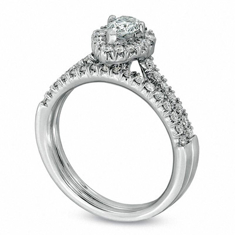 0.88 CT. T.W. Pear-Shaped Natural Diamond Frame Bridal Engagement Ring Set in Solid 14K White Gold