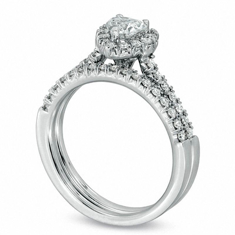 0.88 CT. T.W. Heart-Shaped Natural Diamond Frame Bridal Engagement Ring Set in Solid 14K White Gold
