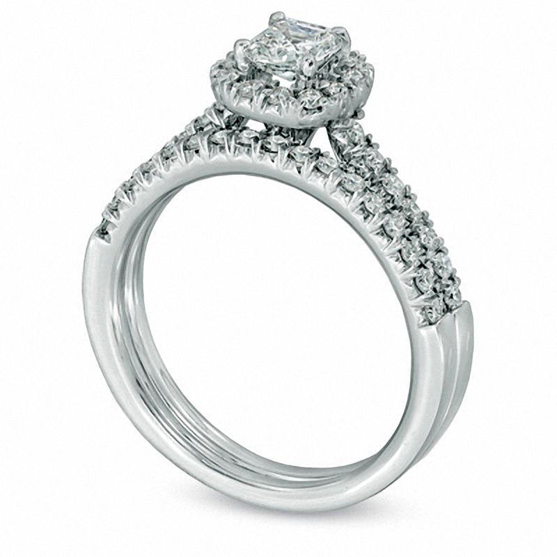 0.75 CT. T.W. Cushion-Cut Natural Diamond Frame Bridal Engagement Ring Set in Solid 14K White Gold