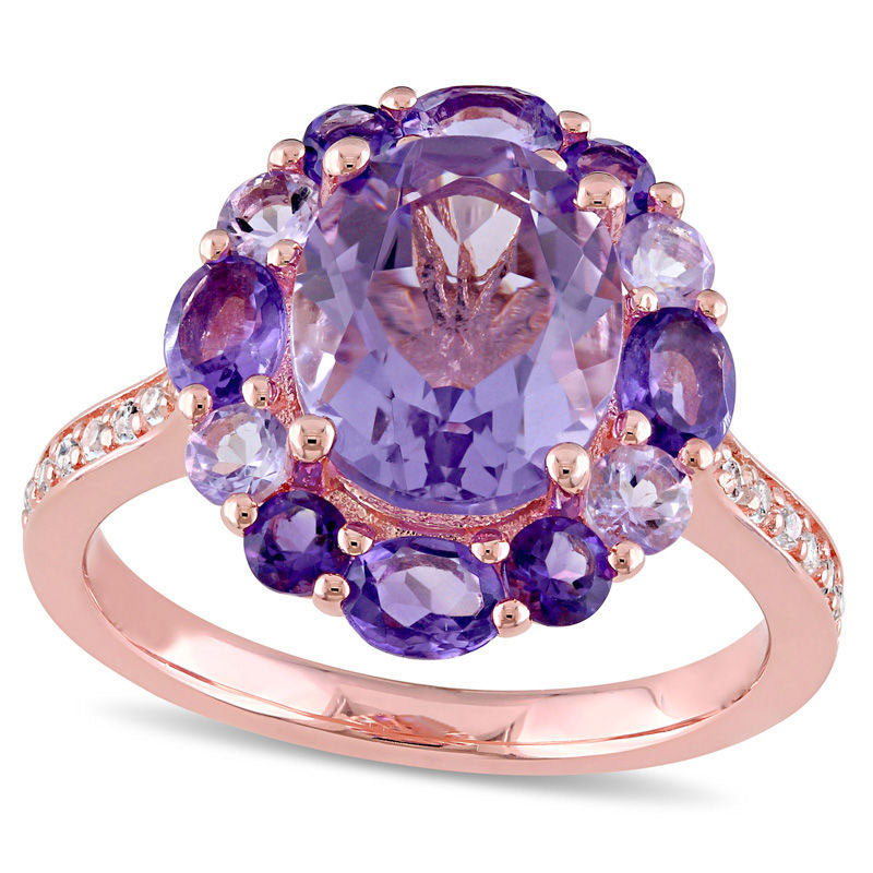 Oval Amethyst Rose de France and White Topaz Frame Ring in Sterling Silver with Rose Rhodium