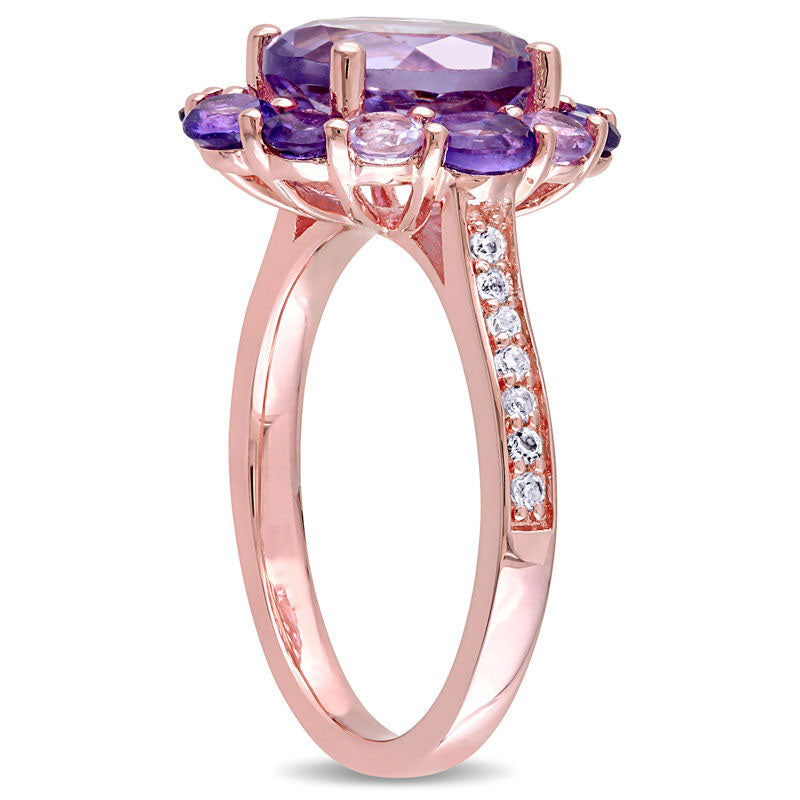 Oval Amethyst Rose de France and White Topaz Frame Ring in Sterling Silver with Rose Rhodium