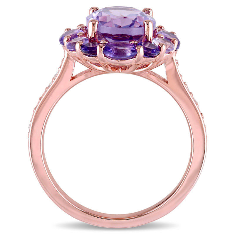 Oval Amethyst Rose de France and White Topaz Frame Ring in Sterling Silver with Rose Rhodium