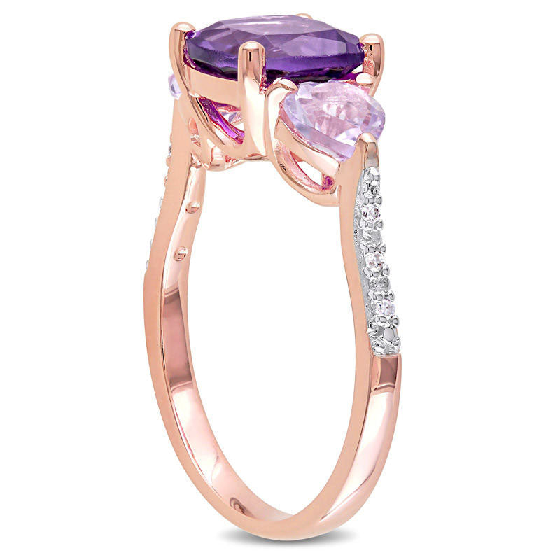 Amethyst and Natural Diamond Accent Three Stone Ring in Sterling Silver with Rose Rhodium