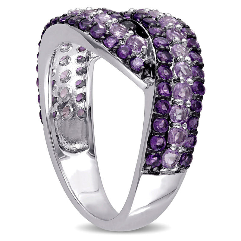 Rose de France and Purple Amethyst Swirl Bypass Ring in Sterling Silver