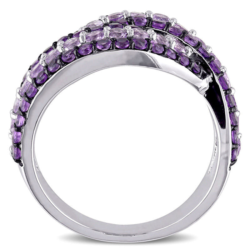 Rose de France and Purple Amethyst Swirl Bypass Ring in Sterling Silver