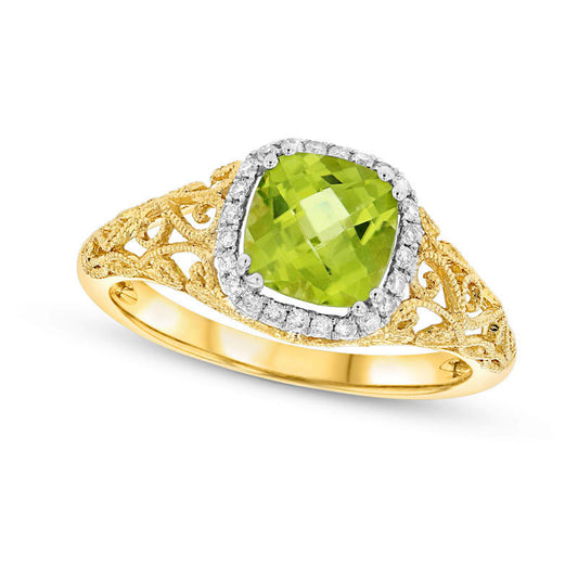 7.0mm Cushion-Cut Peridot and 0.13 CT. T.W. Natural Diamond Antique Vintage-Style Scroll Ring in Solid 14K Gold