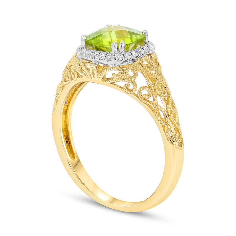 7.0mm Cushion-Cut Peridot and 0.13 CT. T.W. Natural Diamond Antique Vintage-Style Scroll Ring in Solid 14K Gold