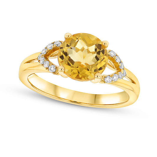 8.0mm Citrine and 0.10 CT. T.W. Natural Diamond Leaf Split Shank Ring in Solid 14K Gold