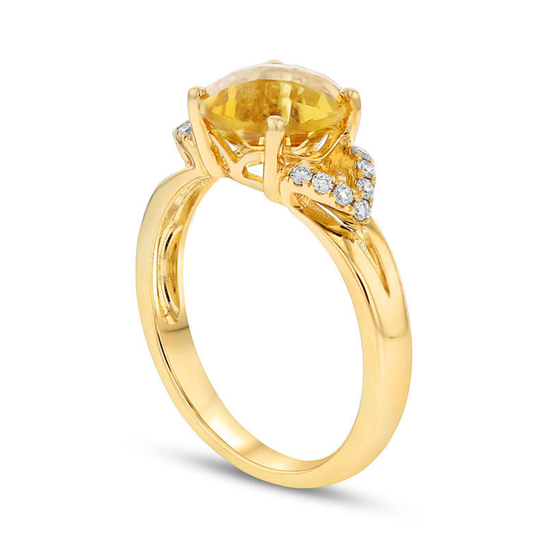 8.0mm Citrine and 0.10 CT. T.W. Natural Diamond Leaf Split Shank Ring in Solid 14K Gold