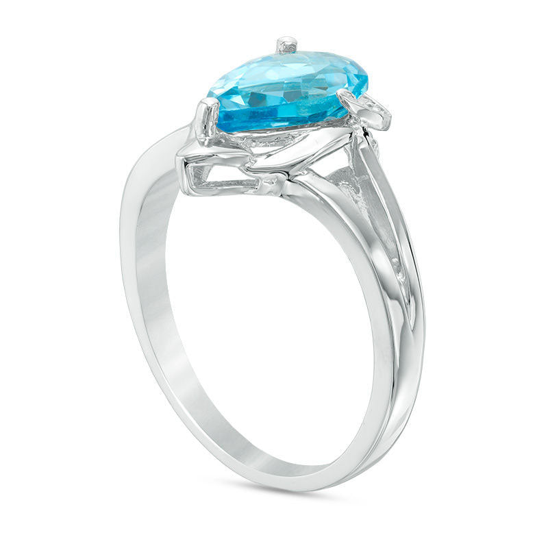 Pear-Shaped Blue Topaz and Natural Diamond Accent Split Shank Ring in Sterling Silver