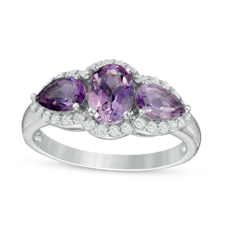 Oval and Pear-Shaped Amethyst and White Topaz Frame Three Stone Ring in Sterling Silver