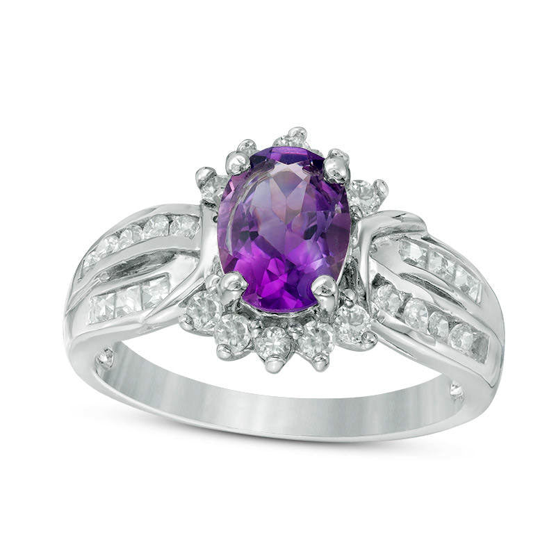 Oval Amethyst and White Topaz Frame Double Row Ring in Sterling Silver