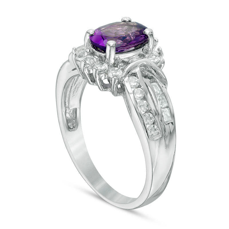 Oval Amethyst and White Topaz Frame Double Row Ring in Sterling Silver