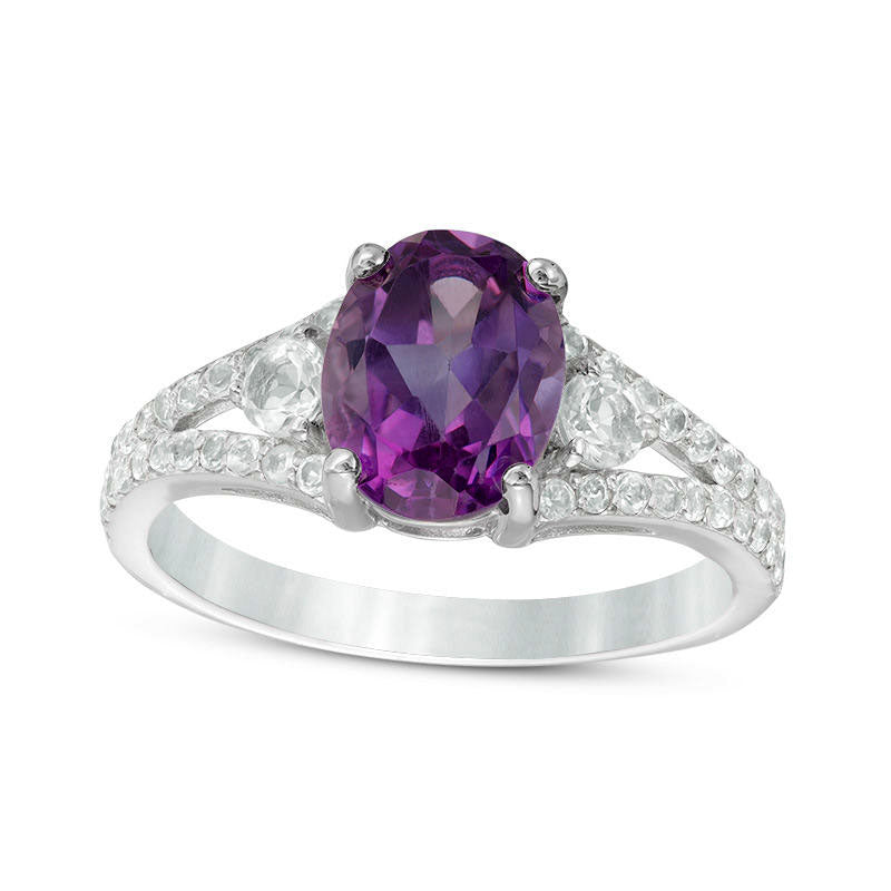 Oval Amethyst and White Topaz Split Shank Ring in Sterling Silver