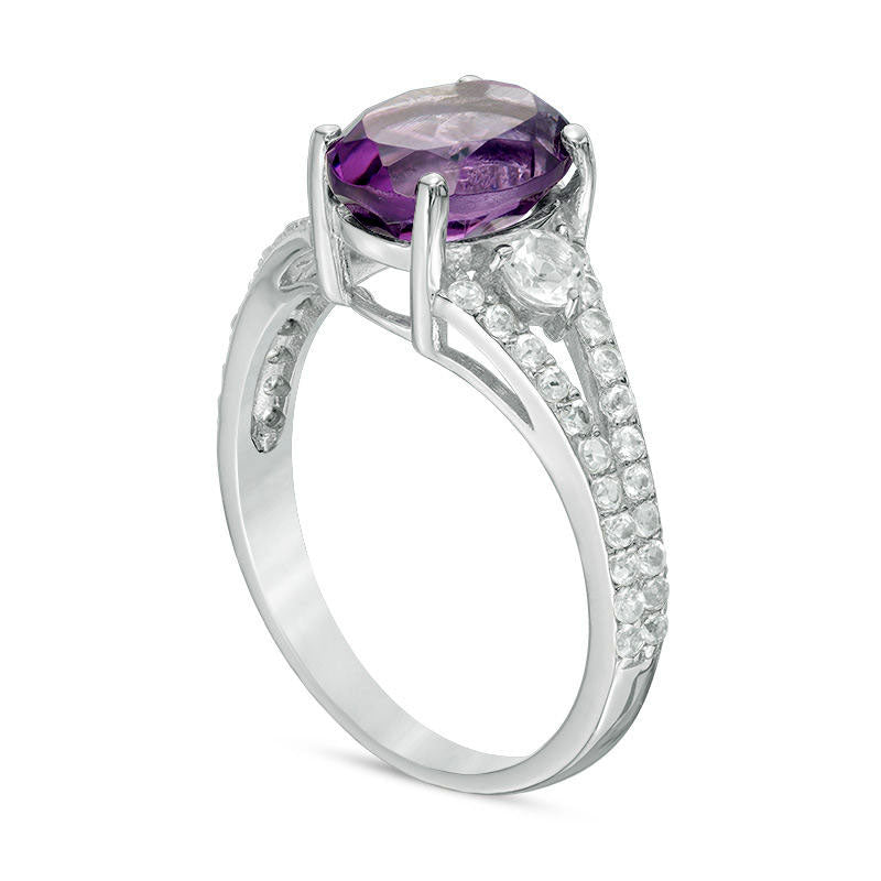 Oval Amethyst and White Topaz Split Shank Ring in Sterling Silver