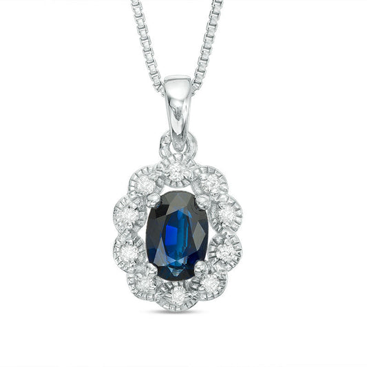 Oval Blue Sapphire and Natural Diamond Accent Frame Antique Vintage-Style Pendant in Sterling Silver