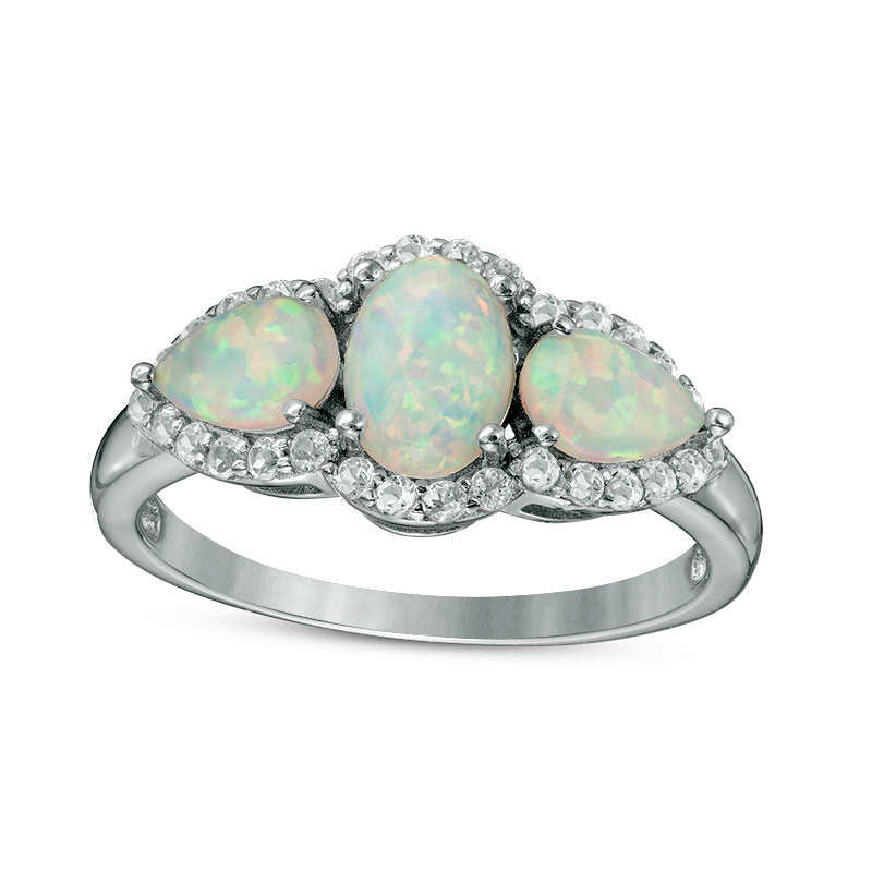 Oval and Pear-Shaped Lab-Created Opal with White Topaz Frame Three Stone Ring in Sterling Silver