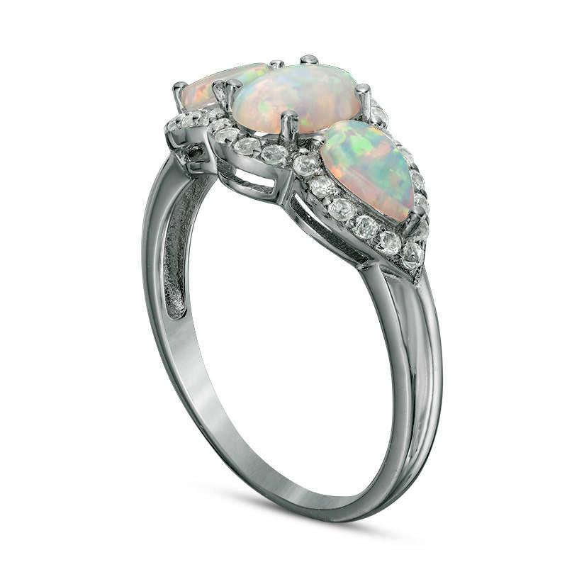 Oval and Pear-Shaped Lab-Created Opal with White Topaz Frame Three Stone Ring in Sterling Silver