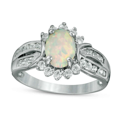 Oval Lab-Created Opal with White Topaz Frame Double Row Ring in Sterling Silver