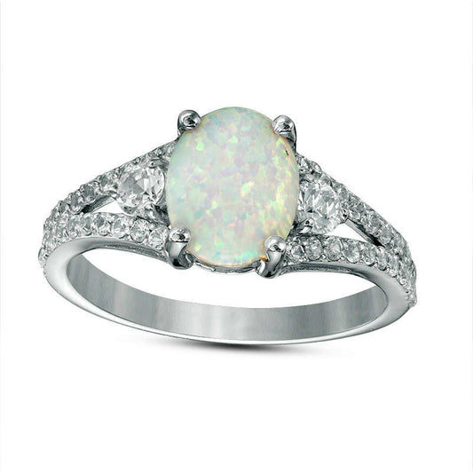 Oval Lab-Created Opal and White Topaz Split Shank Ring in Sterling Silver