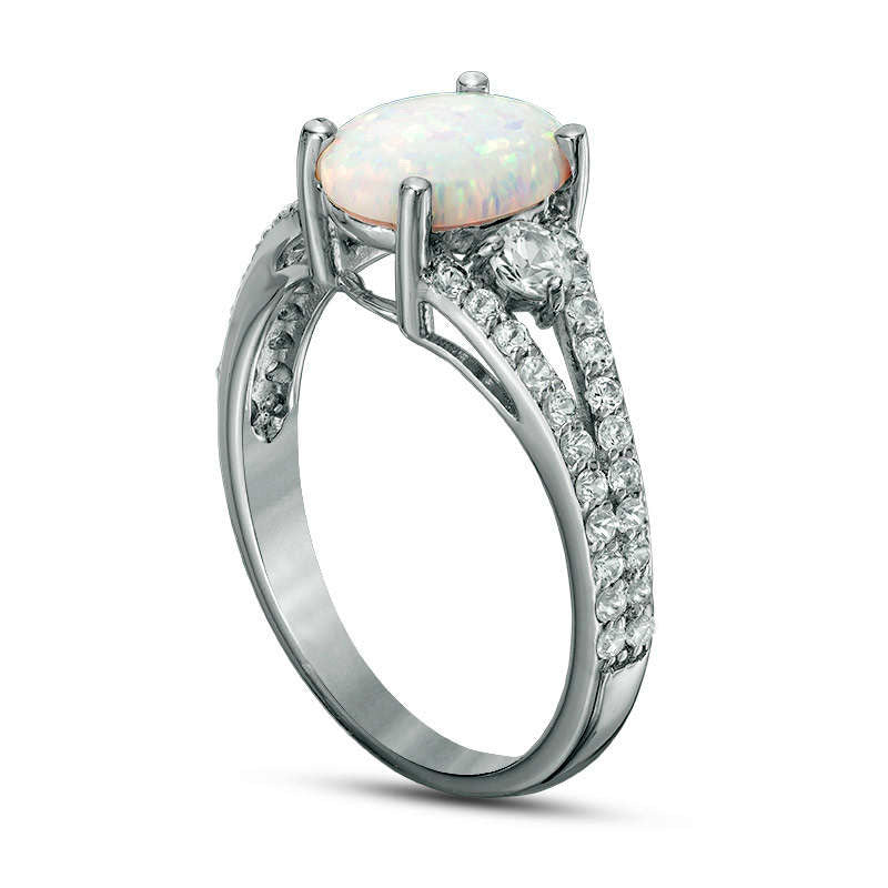 Oval Lab-Created Opal and White Topaz Split Shank Ring in Sterling Silver