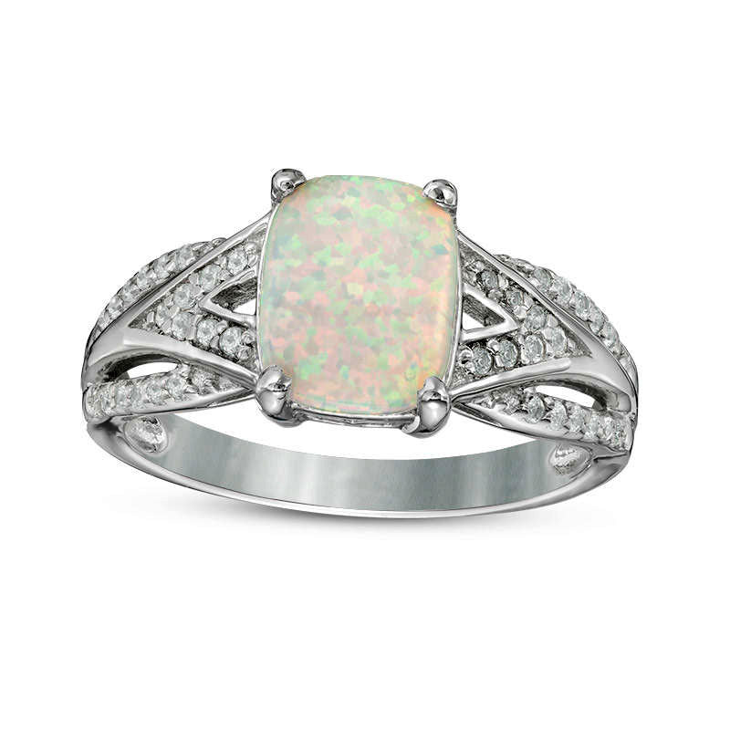 Cushion-Cut Lab-Created Opal with White Topaz Layered Split Shank Ring in Sterling Silver