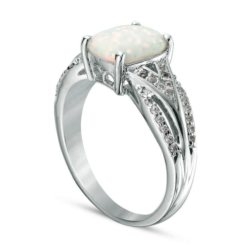 Cushion-Cut Lab-Created Opal with White Topaz Layered Split Shank Ring in Sterling Silver