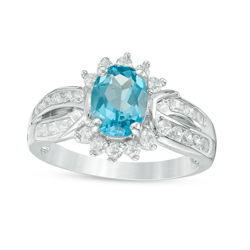 Oval Blue and White Topaz Frame Double Row Ring in Sterling Silver