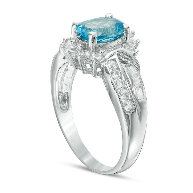 Oval Blue and White Topaz Frame Double Row Ring in Sterling Silver