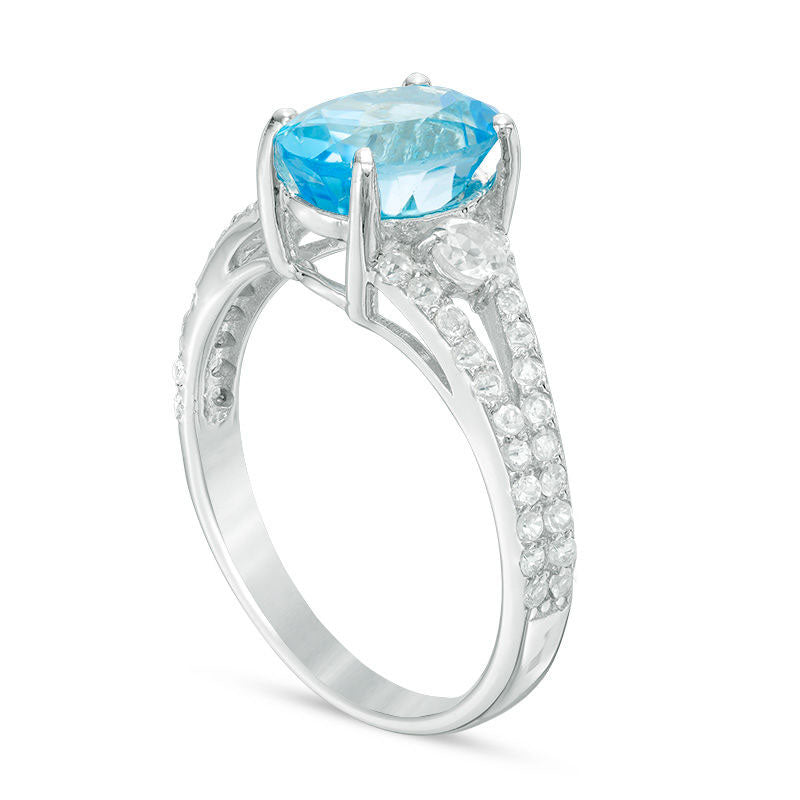 Oval Blue and White Topaz Split Shank Ring in Sterling Silver