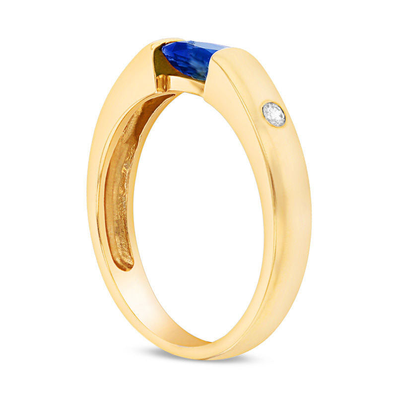 Sideways Oval Blue Sapphire and Natural Diamond Accent Ring in Solid 14K Gold