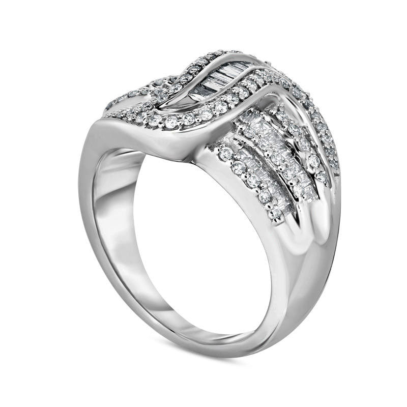 0.88 CT. T.W. Baguette and Round Natural Diamond Crossover Wave Ring in Sterling Silver