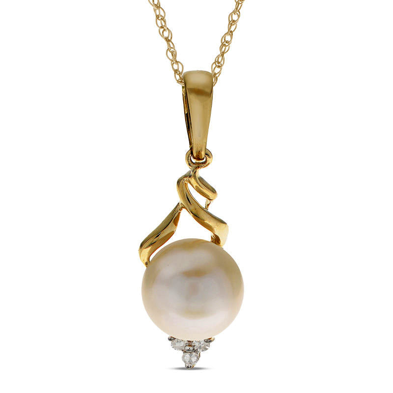 8.0 - 8.5mm Cultured Freshwater Pearl and Natural Diamond Accent Twist Drop Pendant in 10K Yellow Gold