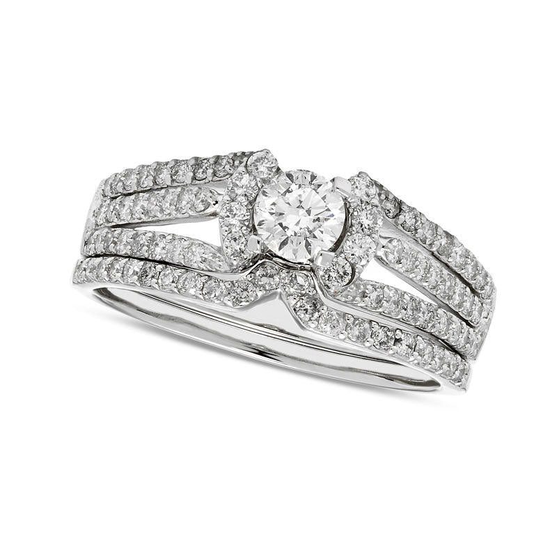 1.0 CT. T.W. Certified Natural Diamond Multi-Row Collar Bridal Engagement Ring Set in Solid 14K White Gold (I/I2)