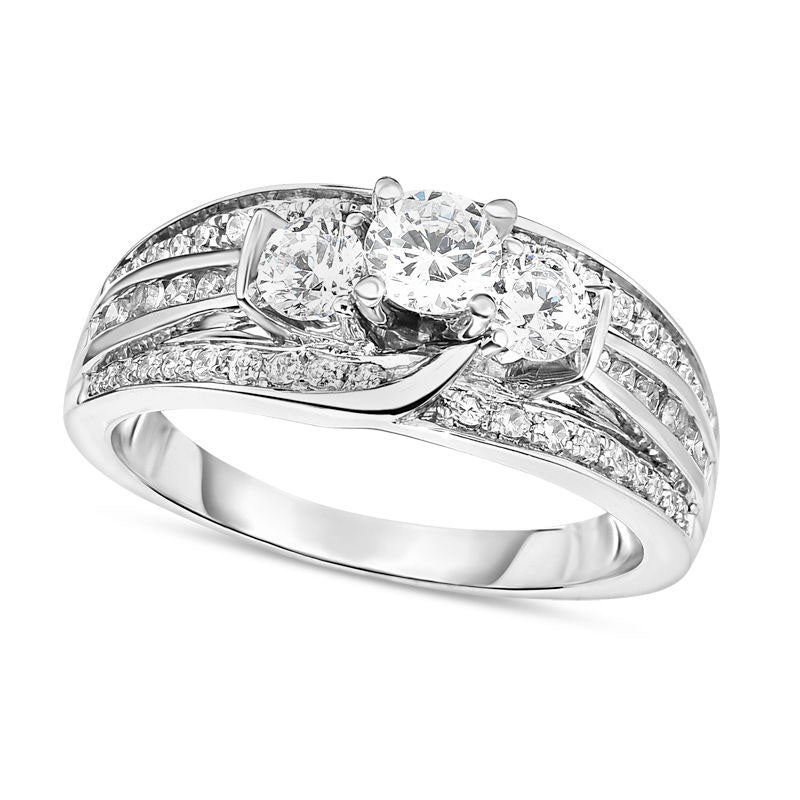 1.0 CT. T.W. Natural Diamond Three Stone Multi-Row Shank Engagement Ring in Solid 14K White Gold