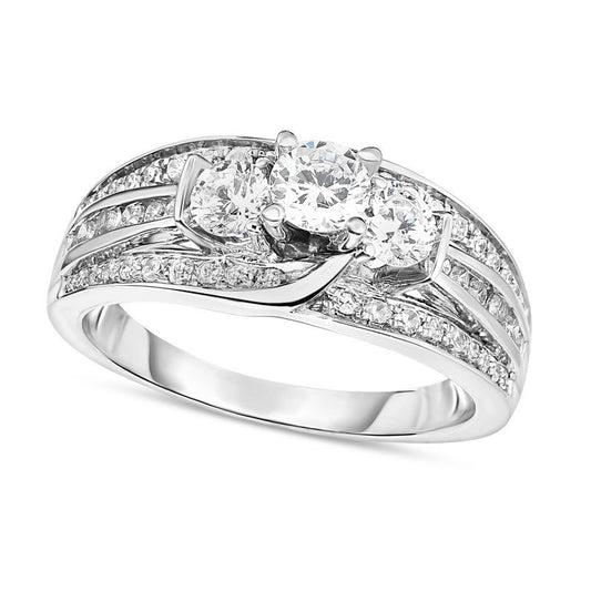 1.0 CT. T.W. Natural Diamond Three Stone Multi-Row Shank Engagement Ring in Solid 14K White Gold