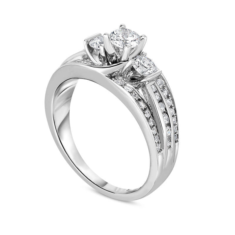 1.0 CT. T.W. Natural Diamond Three Stone Multi-Row Shank Engagement Ring in Solid 14K White Gold