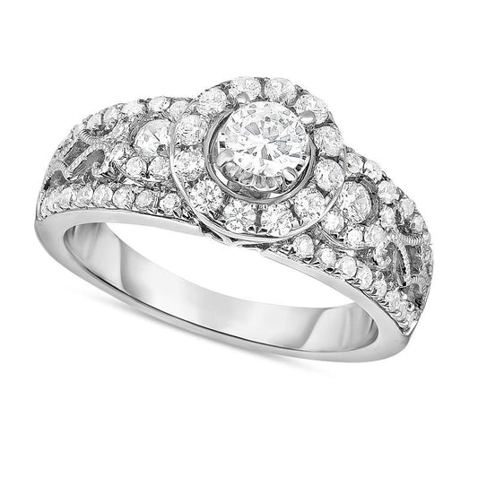 1.0 CT. T.W. Natural Diamond Three Stone Frame Lattice Shank Engagement Ring in Solid 14K White Gold