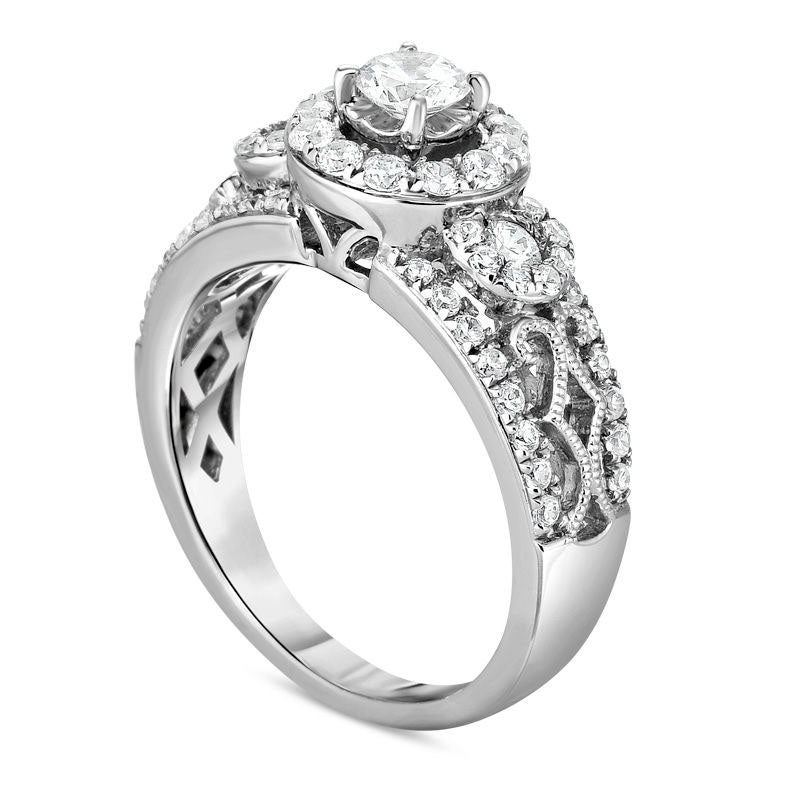 1.0 CT. T.W. Natural Diamond Three Stone Frame Lattice Shank Engagement Ring in Solid 14K White Gold