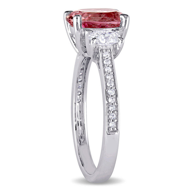 Oval Pink Tourmaline and 0.63 CT. T.W. Natural Diamond Three Stone Ring in Solid 14K White Gold