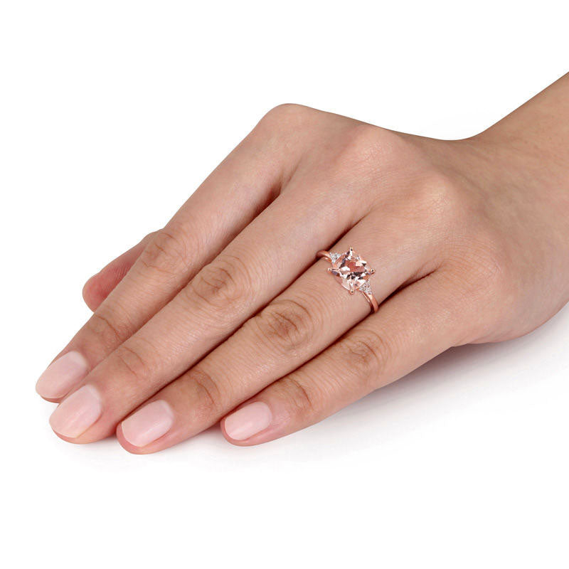 8.0mm Cushion-Cut Morganite and Natural Diamond Accent Tri-Sides Ring in Solid 14K Rose Gold