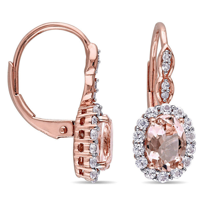 Oval Morganite, White Topaz and Diamond Accent Frame Drop Earrings in 14K Rose Gold