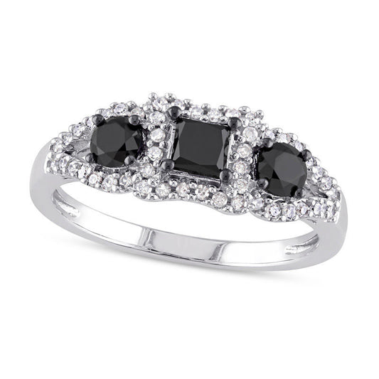 1.0 CT. T.W. Princess-Cut Enhanced Black and White Natural Diamond Three Stone Frame Engagement Ring in Solid 10K White Gold