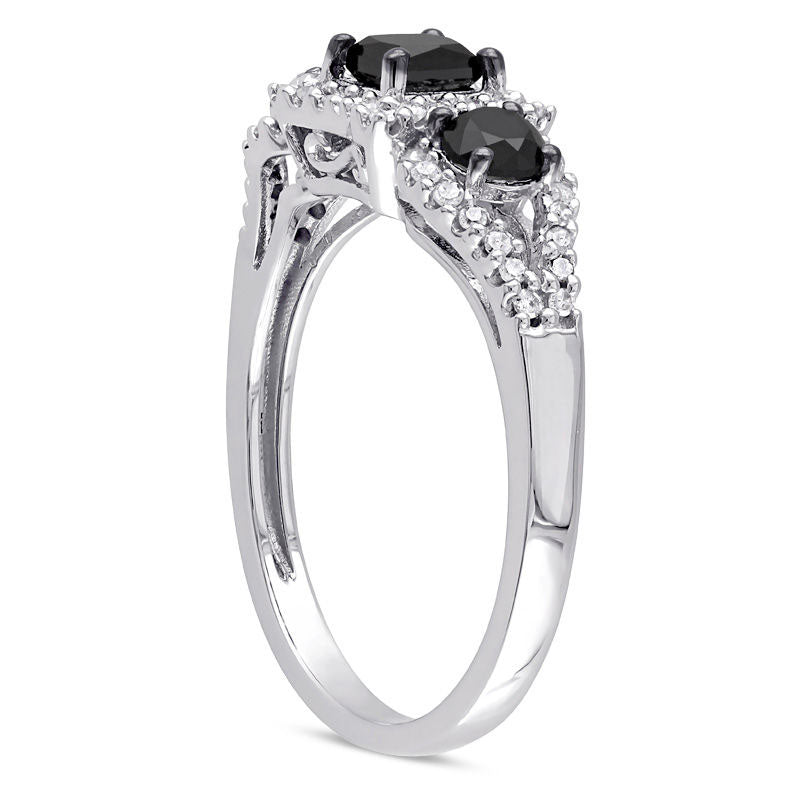 1.0 CT. T.W. Princess-Cut Enhanced Black and White Natural Diamond Three Stone Frame Engagement Ring in Solid 10K White Gold