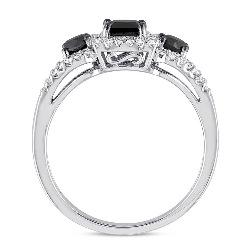 1.0 CT. T.W. Princess-Cut Enhanced Black and White Natural Diamond Three Stone Frame Engagement Ring in Solid 10K White Gold