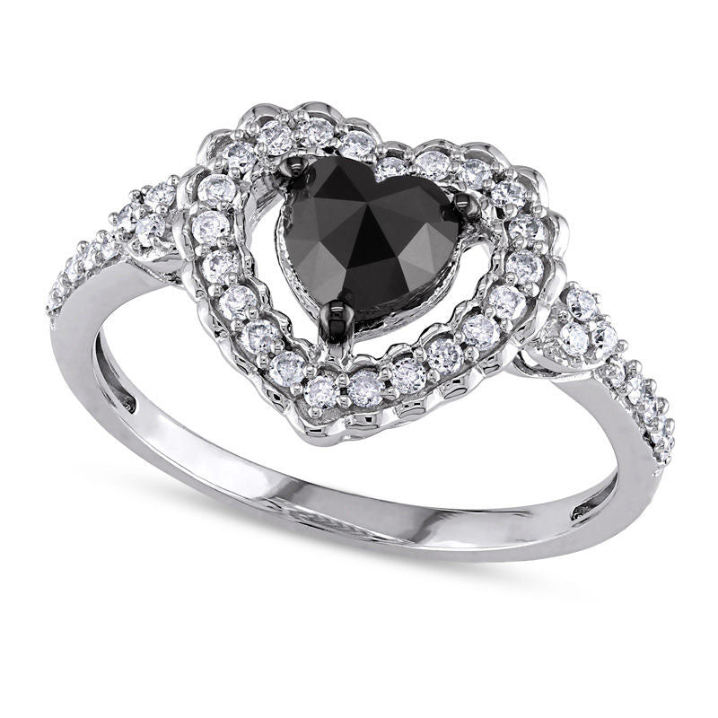 1.0 CT. T.W. Enhanced Black Heart-Shaped and White Natural Diamond Scallop Frame Engagement Ring in Solid 10K White Gold